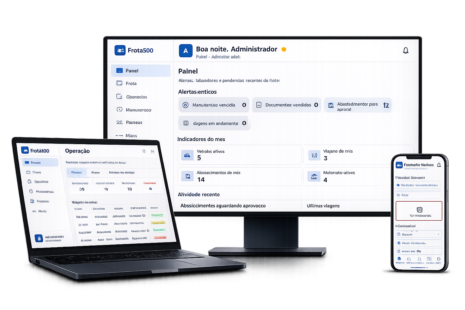 Frota360 em monitor, notebook e smartphone — painel de gestão e app do motorista